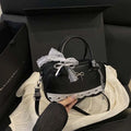 Zipper PU Leather Boston Handbag Lace Ribbon Bow Crossbody Bowling Bag Korean Style Waterproof Small Square Bag Travel