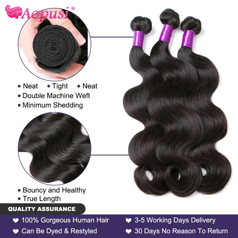 Aopusi Body Wave Bundles With Closure Brazilian Human Hair Weave Bundles With Closure Hair Extension 3/4 Bundles With Closure
