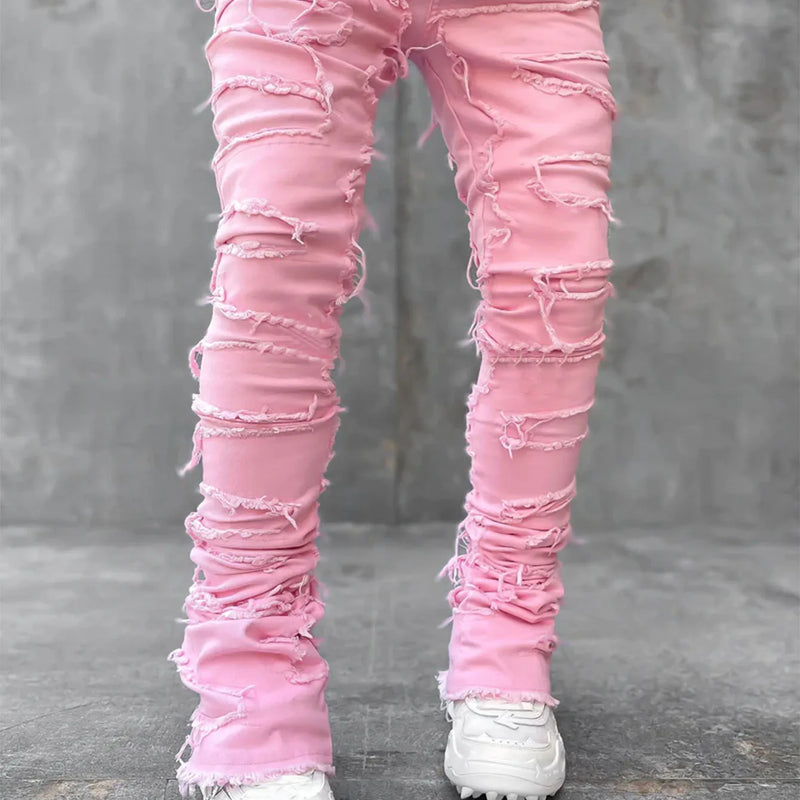 Men's Regular Fit Stacked Jeans Ripped Slim Patch | SAMAG