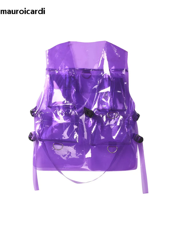 Mauroicardi Spring Autumn Short Cool Transparent Purple White PVC Leather Vest Men Luxury Designer Y2K Clothes Sleeveless Jacket