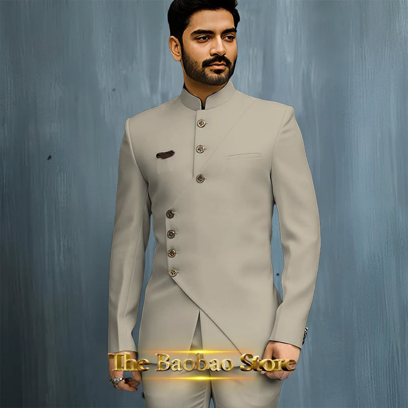 Matching Design Men's Suit 2pcs African/Indian Safiri Attire Customized Set with Gold Button for Wedding Party Formal Events