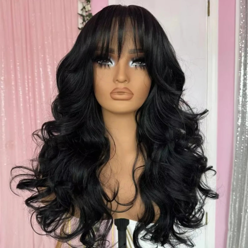 Chocolate Brown Wig Body Wave Lace Front Wig With Bangs 13x4 HD Synthetic Lace Frontal Wig for Women Glueless On Clearance Sale