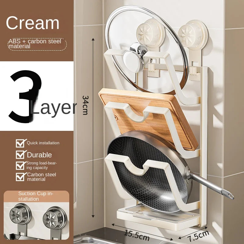 Suction cup pot cover holder, no drilling, multi-layer storage rack, wall-mounted kitchen shelf, multifunctional chopping board
