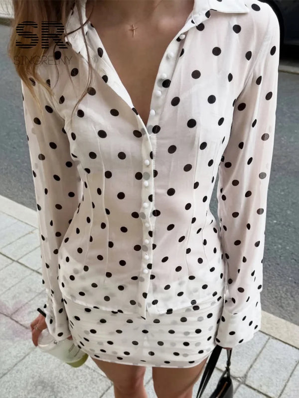 SINGREINY Polka Dot Cotton Blouse Suits Women Lapel Long Sleeves Shirt+Mini Skirt High Quality Autumn Slim Print Skirt Sets