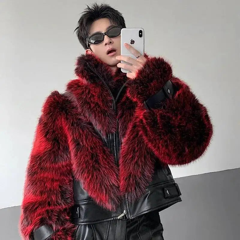 2025 Red Faux Patchwork PU Leather Men Women Fashion Elegant Thick Warm Winter Fur Coat Furry Short Jacket