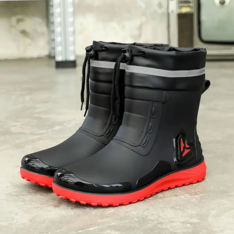 Men's New Short Rain Boots with Elastic Cuff Waterproof Non-Slip Soft Sole Work Rubber Shoes