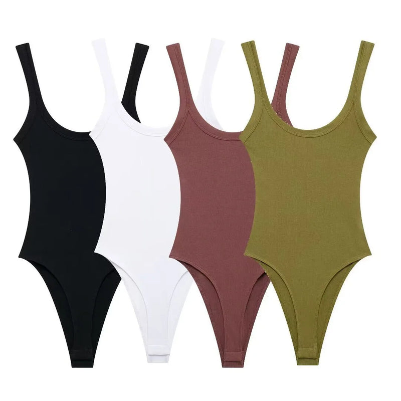 Women's Skinny Ribbed Bodysuits O Neck Straps Snap-Button Sexy Fashion Female Playsuits Comfortable Stretchy Clothing