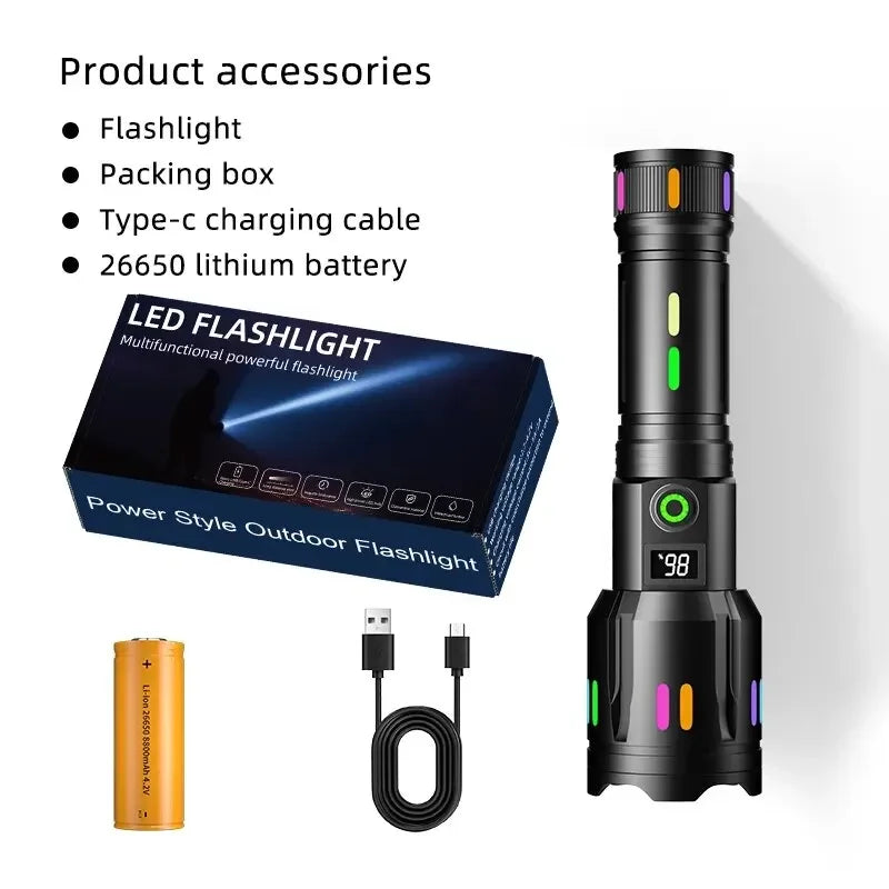 Long Range LED Flashlight High Power Spotlight Fluorescent Absorbing Film Luminous Colorful Zoom Flashlight Camping Emergency