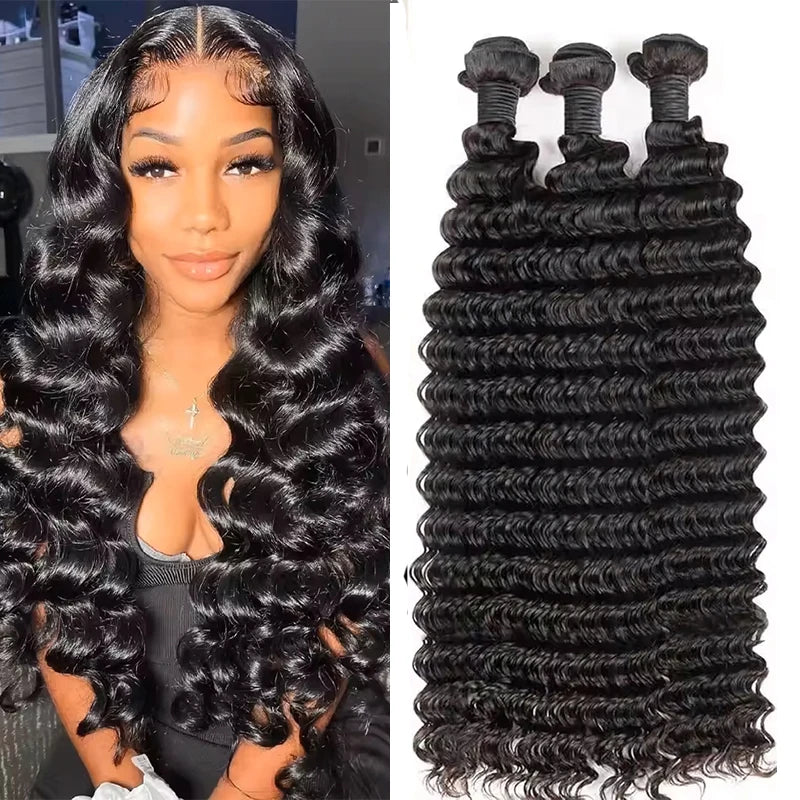12A Natural Color Loose Deep Wave Human Hair Bundles And Weaves Unprocessed Brazilian Human Hair Weave Bundles 1/3/4PCS Raw Hair Bundles Weave Extensions Hair Extensions Materials For Women Natural Black Soft Silky Hair Loose