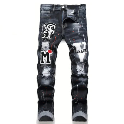 Men y2k Stretchy Denim jeans Ripped Skinny Letter Print | SAMAG
