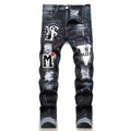 Men y2k Stretchy Denim jeans Ripped Skinny Letter Print | SAMAG