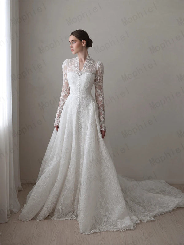 Mophiel Lace Weddings Dresses High Collar Long Illusion - View 3 | SAMAG