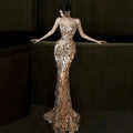 Luxury Champagne Gold Sequin Mermaid Evening Dress | SAMAG