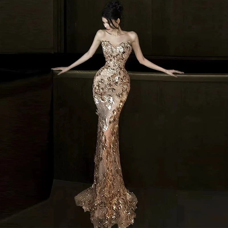 Luxury Champagne Gold Sequin Mermaid Evening Dress | SAMAG