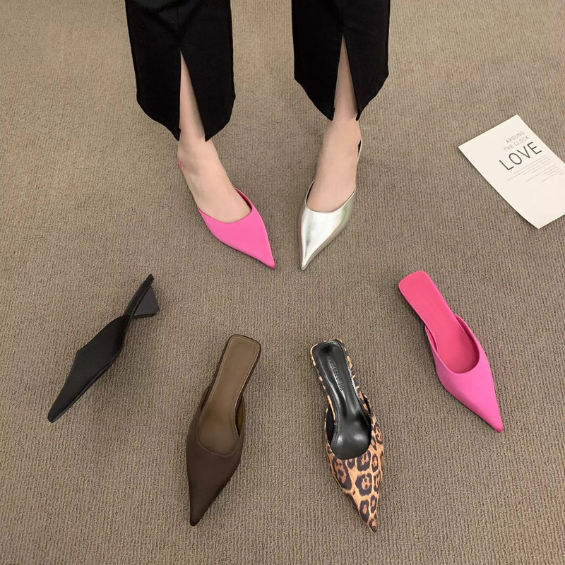 Pointed Toe Women Mules Slipper Fashion Candy Color Ladies Elegant Dress Sandal Square Low Heel Slip on Slides Shoes