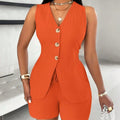 Fashion Casual Shorts Set 2-piece Women's Comfortable Casual Solid Color Button Sleeveless Vest Lace Up Shorts Set