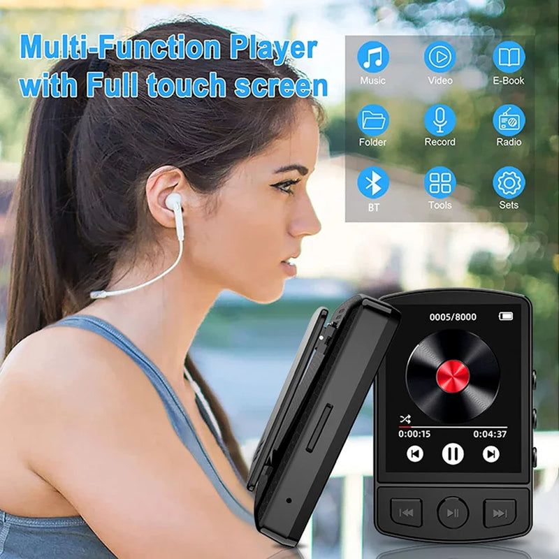 MP3 Player Bluetooth 5.2 Portable Sports Clip Student Walkman 1.77 Inch Screen HiFi Lossless Music Player with FM Radio E-Book