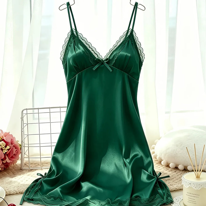 Women's Satin Cami Nightdress V Neck Lace Trim Sleepwear | SAMAG