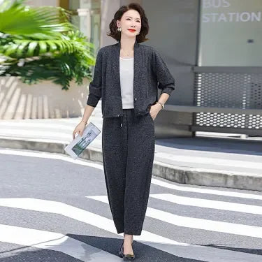 Women Spring Autumn Knit Two Piece Set Middle Aged Mom Open Cardigan Loose Casual Harem Pants Fashion Outfit