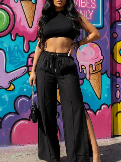 2 - Piece Black High Neck Midriff Tank Smocked Waist Side Slit Wide Leg Pants Spice Girl Style Women Summer Date Wear | SAMAG