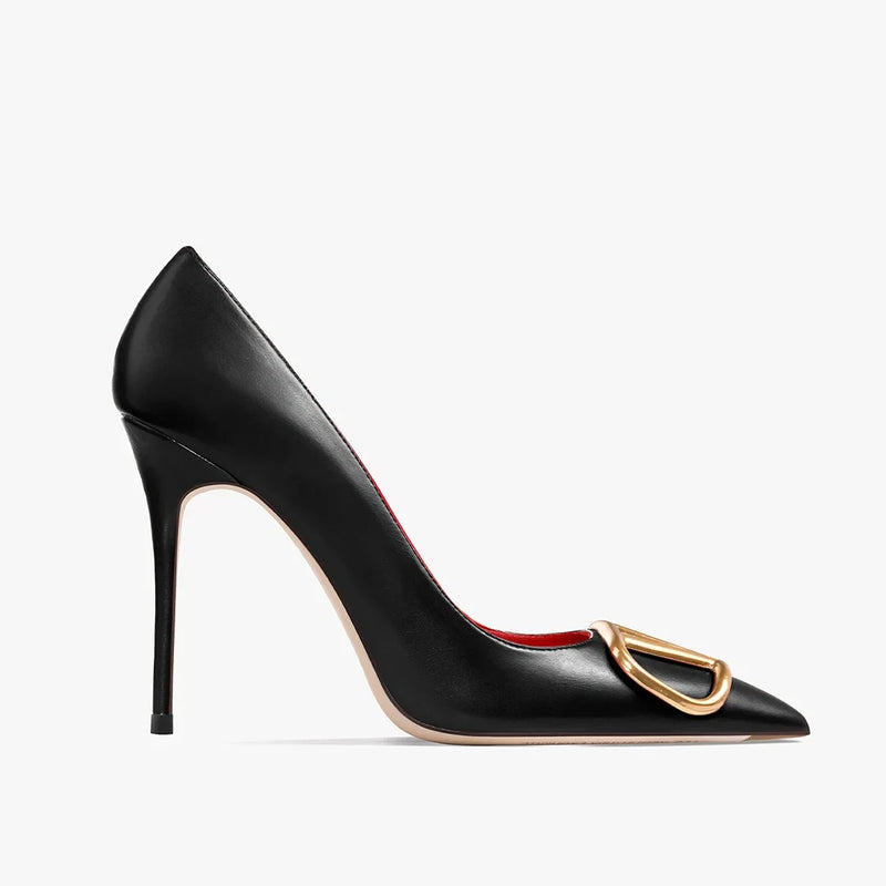 HLTINO Fashion Black Matte Finish High Heels with Buckle Women Classic Pumps Sexy Dress Shoes Party Stilettos for Spring Summer