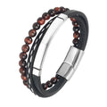 MingAo Charm Men Jewelry Natural Stone Multi-Layer Leather bracelet Black Stainless Steel Magnetic Clasp Tiger eye Bead Bracelet