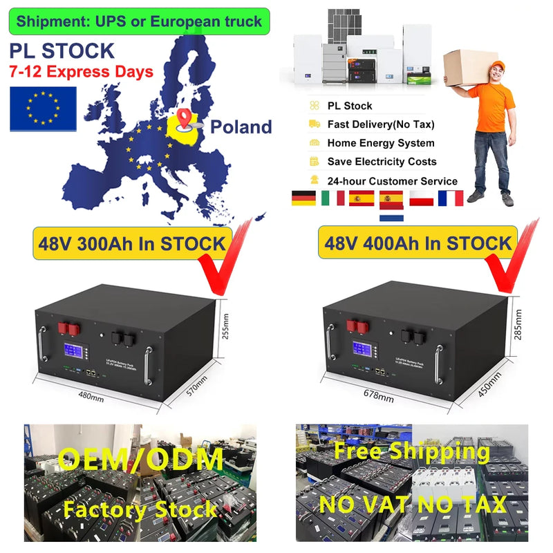 48V 400Ah LiFePO4 Battery Pack 20Kwh 6000+ Cycles 51.2V 100Ah 120Ah 150Ah 200Ah 300Ah Lithium Solar Energy Storage AKKU EU STOCK