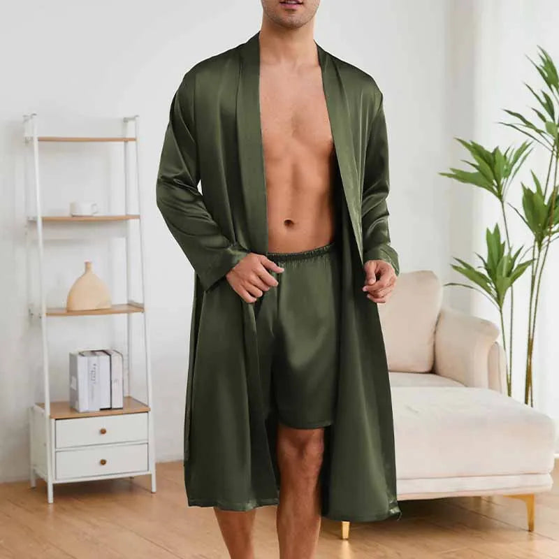 Men's Robe Shorts Pajamas Set Silky Satin Sleepwear Nightgown Loose Casual Long Sleeves Bathrobe Kimono Baroque Style Loungewear