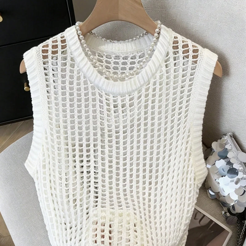 Women's White Hollow Out Knit Vest, Crew Neck Sleeveless - View 4 | SAMAG