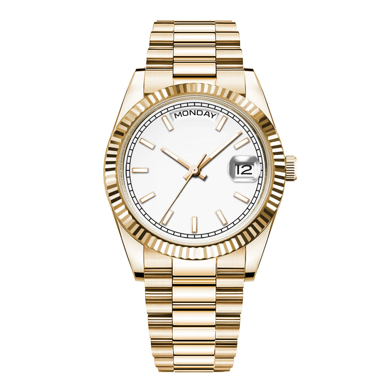 CORGEUT NH36 Mechanical Men's Watch Date of the Week Show President Chain Strap Steel Case Watch Threaded Arc Bezel Waterp