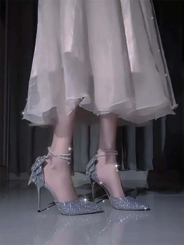 2024  French New Pointy Shallow Mouth Temperament Elegant Sequin Bow High Heels Women's Fine Heel Pearl Line with A Single Shoe
