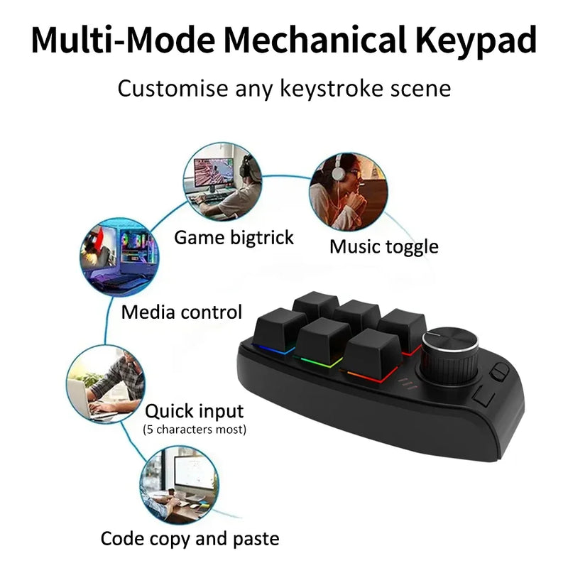 6 Key 1 Knob Bluetooth Keyboard USB Macro Custom Mini Keypad Copy Paste DIY Mechanical Keyboard Gaming Drawing Portable Hot-swap
