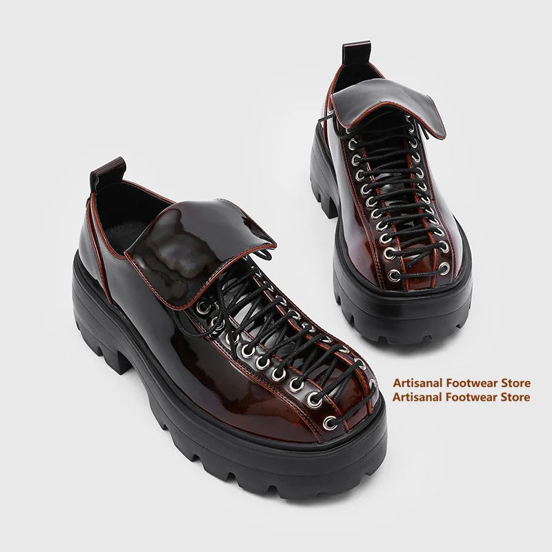 Thick Soled Derby Shoes British Style Men's Lace Up Round Toe Casual Leather Shoes Trendy Handmade Height Increasing Men's Shoes