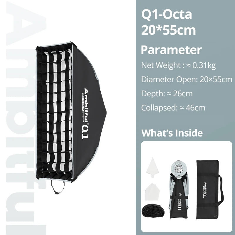 NEW！AMBITFUL Q1 Mini Bowens/GODOX Mount 30cm 45cm Octa Softbox 20*55cm Strip Softbox 30cm Softball 45cm Bounce Softbox For GODOX