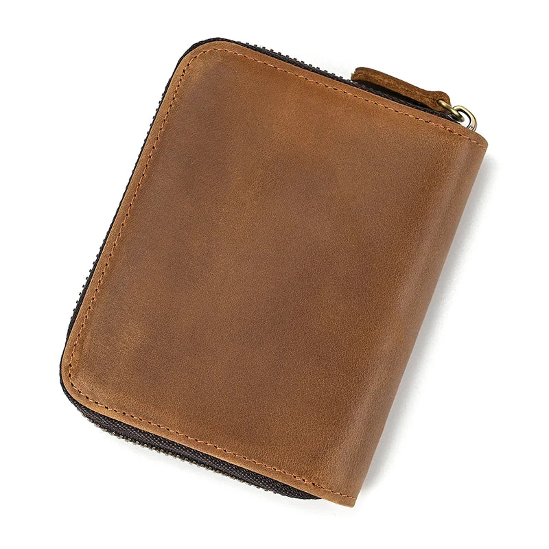 Men Crazy horse Genuine Leather Coin Wallet Real Leather Snap Short Purse Women Coin Pocket Zip Around Small Trifold Pocket
