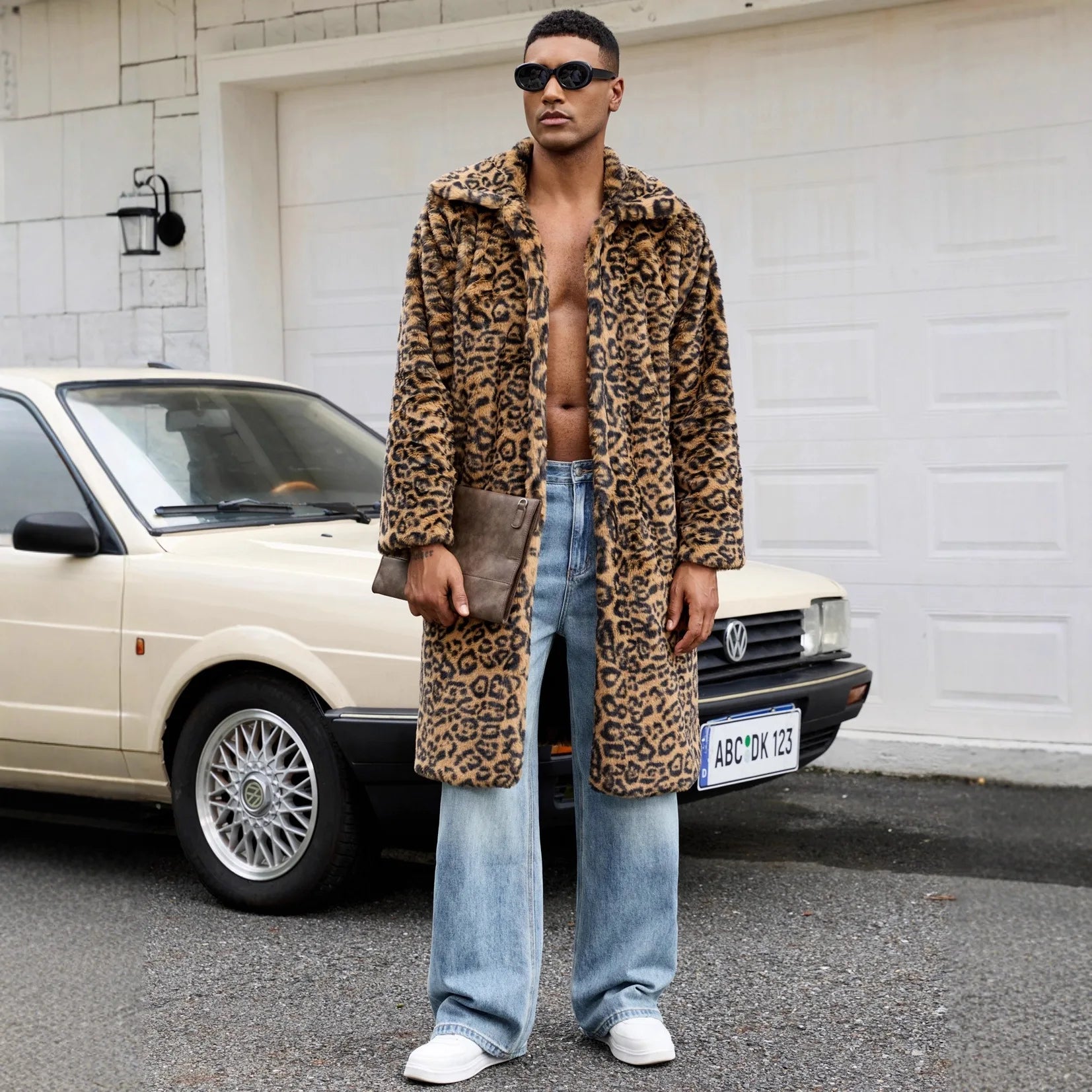 2026 Men Faux Fur Leopard Print Long Coat Full Sleeve Thick Warm Jackets Lapel Loose Streetwear Cardigan Jacket Autumn Winter