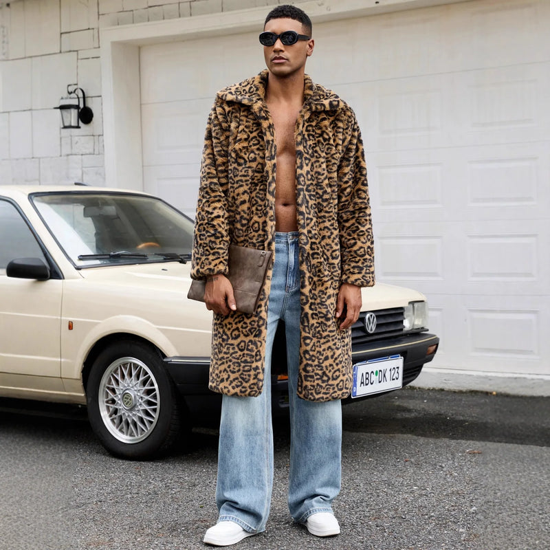2026 Men Faux Fur Leopard Print Long Coat Full Sleeve Thick Warm Jackets Lapel Loose Streetwear Cardigan Jacket Autumn Winter
