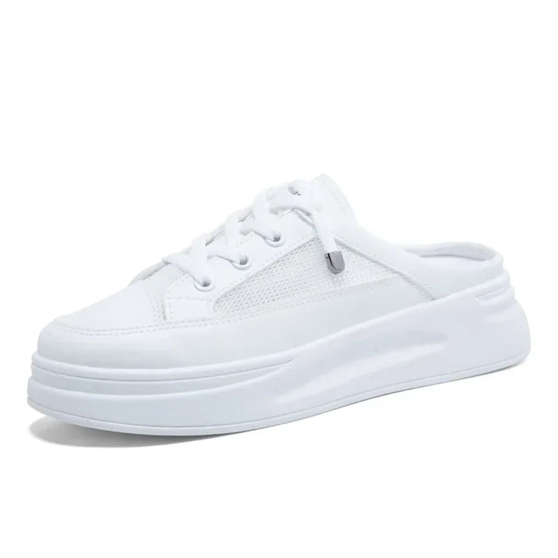 *2026 Summer New Baotou Mesh Breathable White Flat Shoes Fashionable Hot Selling Casual Half Dragged Round Head Women's Sandals