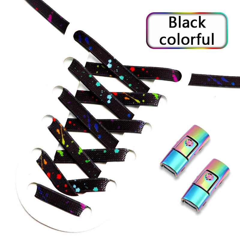 No Tie Shoelaces for Sneakers Colorful Press Metal Lock Shoelace Splashing Ink Print Flat Elastic Laces Without Ties Shoe Laces
