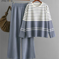 SINGREINY Homewear Loose Knitting Sets Women O-Neck Split Basic Striped Tops+High Waist Wide Legs Pants Autumn Winter 2PC Suits