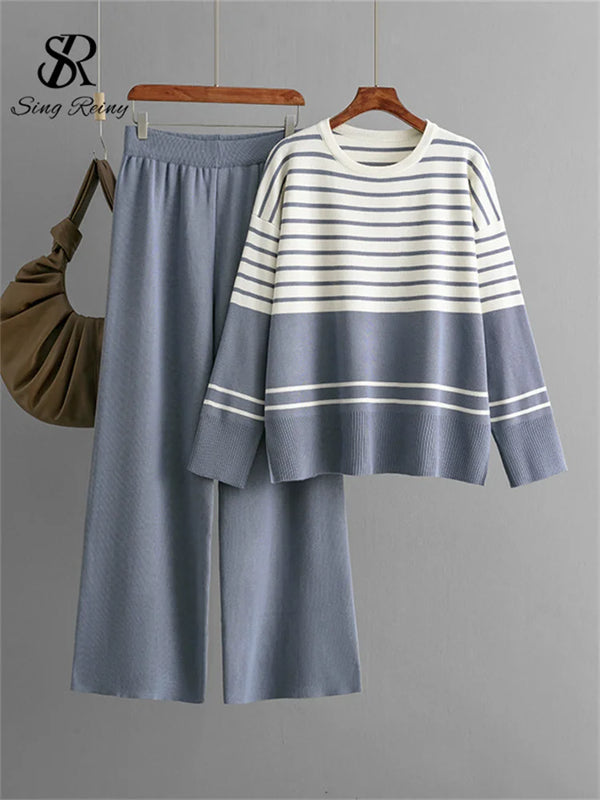 SINGREINY Homewear Loose Knitting Sets Women O-Neck Split Basic Striped Tops+High Waist Wide Legs Pants Autumn Winter 2PC Suits
