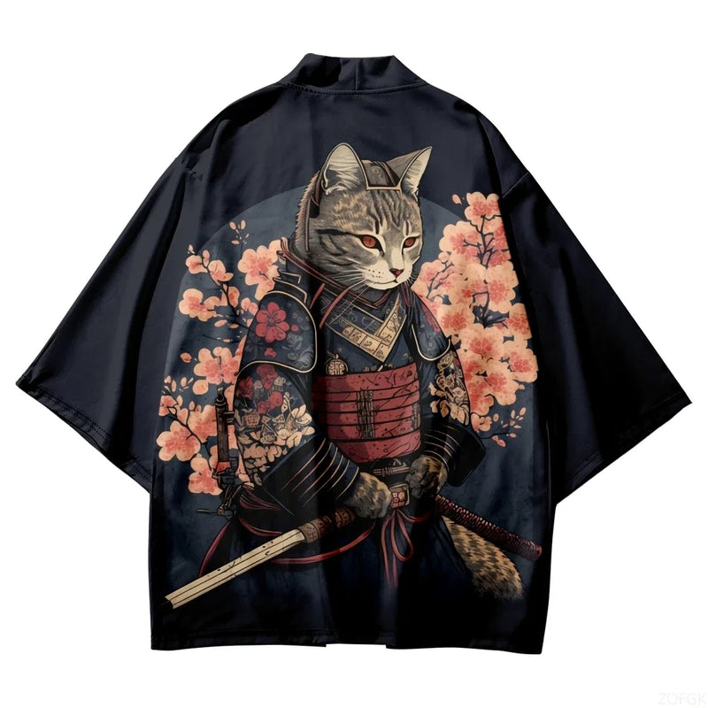 Japanese Cat Print Haori Kimono Yukata Samurai Men | SAMAG