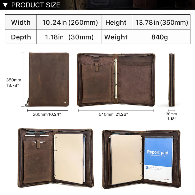 Luxury Retro A4 Cowhide Business Leather Portfolio with 4 Ring Binder Sketchbook Paper Pen Holder Ipad 11 pro Zipper Travel Case