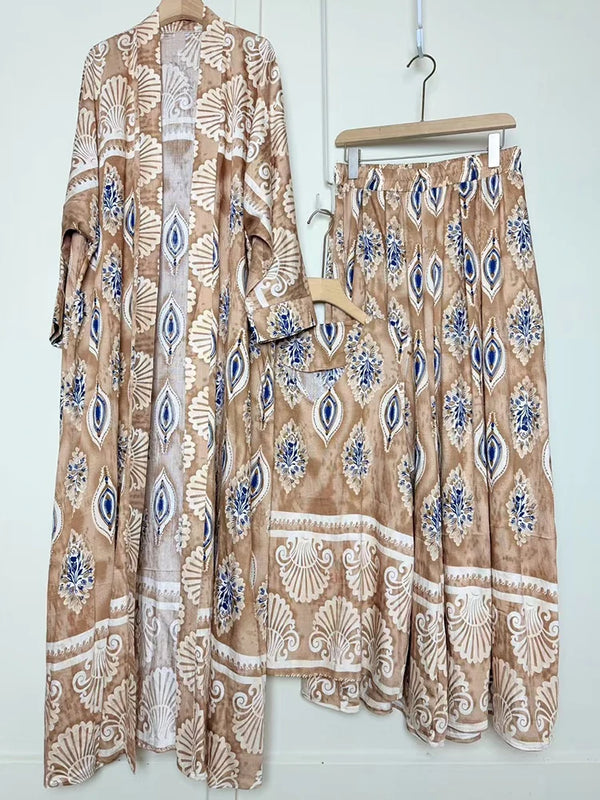 Design retro positioning printed long cardigan+vest three piece set for spring women's clothing+loose pants skirt fashion set
