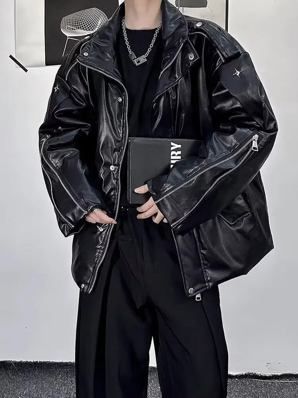 2025 Autumn Winter Fashion Motocycle Zipper PU Leather Jacket Cargo Jacket Men Hip Hop Punk Oversized 2025 New Coats