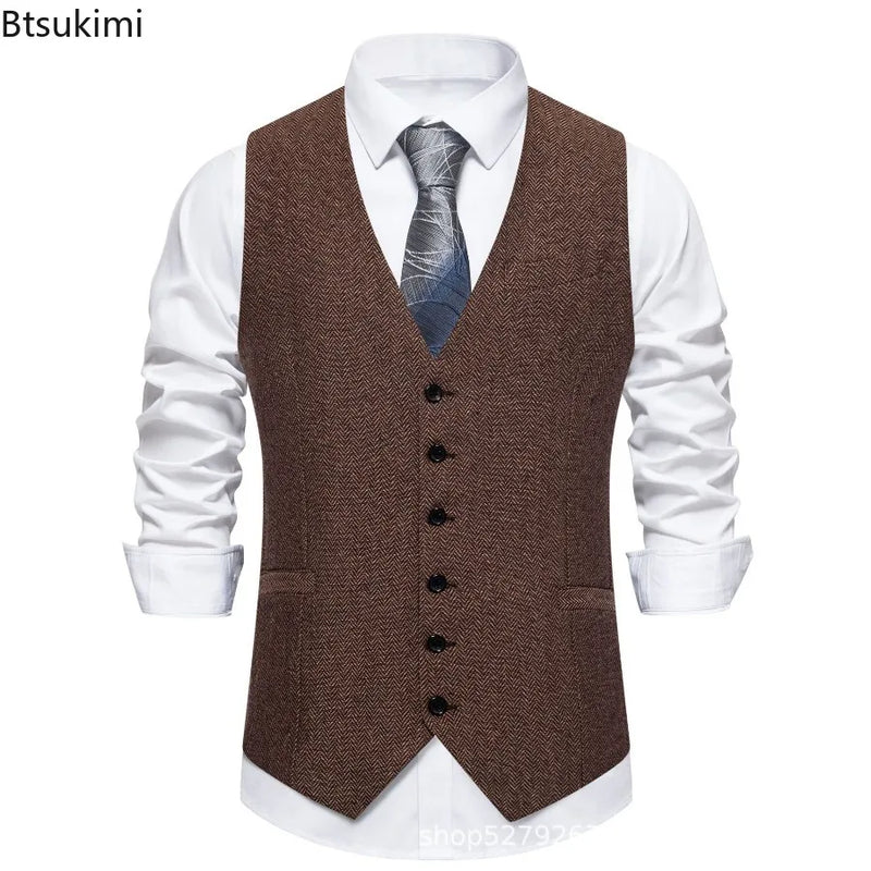Men's Suit Vests Solid Color Herringbone Suit Waistcoat Business Casual Working Wear Retro Brown Single Breasted Vest for Men
