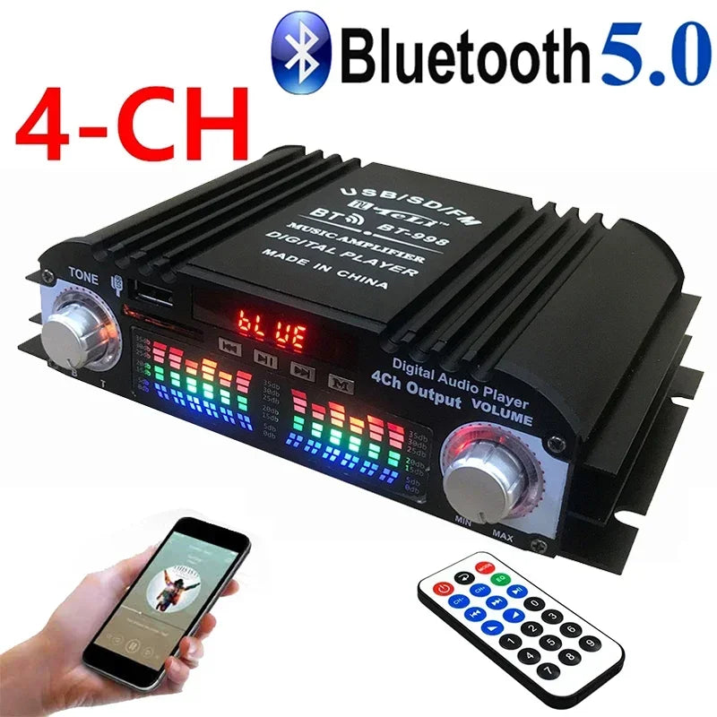 12V 4 Channel Car Power Amplifier with Remote Control BT-998 Hifi Audio Home Digital Amplifiers Bass Power Bluetooth Amplifier