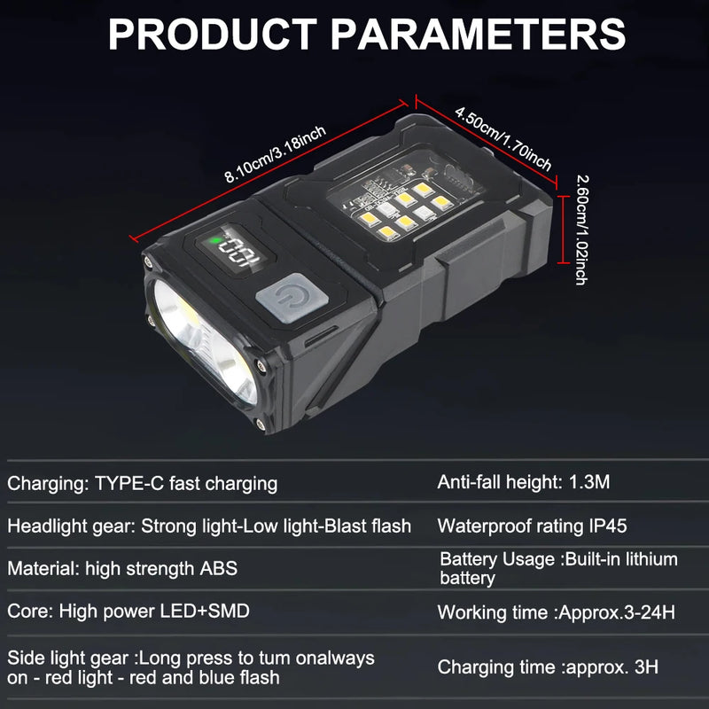 Multifunctional USB Rechargeable Portable Emergency Light Adjustable Angle Flashlight Side Lamp Hiking Camping Working