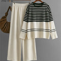 SINGREINY Homewear Loose Knitting Sets Women O-Neck Split Basic Striped Tops+High Waist Wide Legs Pants Autumn Winter 2PC Suits