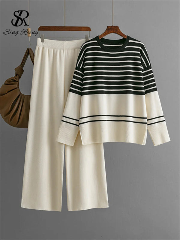 SINGREINY Homewear Loose Knitting Sets Women O-Neck Split Basic Striped Tops+High Waist Wide Legs Pants Autumn Winter 2PC Suits